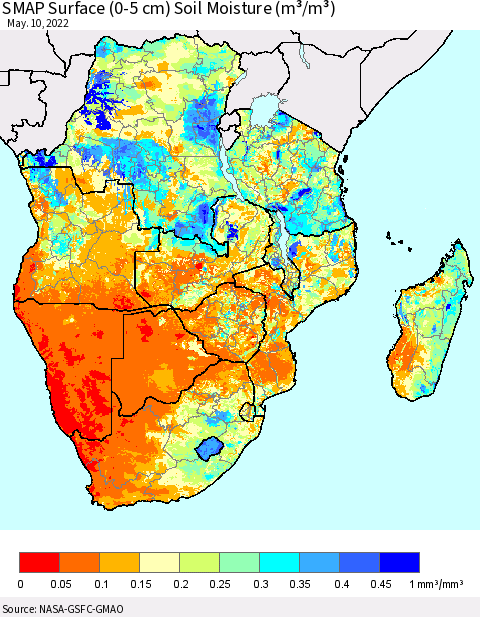 Southern Africa SMAP Surface (0-5 cm) Soil Moisture (m³/m³) Thematic Map For 5/6/2022 - 5/10/2022