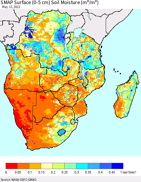 Southern Africa SMAP Surface (0-5 cm) Soil Moisture (m³/m³) Thematic Map For 5/11/2022 - 5/15/2022