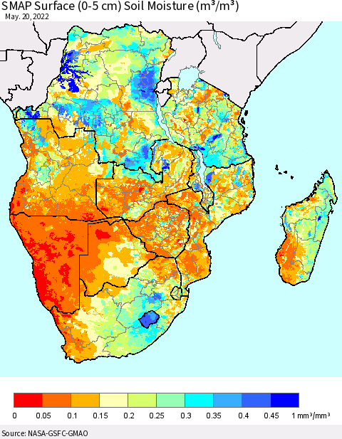 Southern Africa SMAP Surface (0-5 cm) Soil Moisture (m³/m³) Thematic Map For 5/16/2022 - 5/20/2022