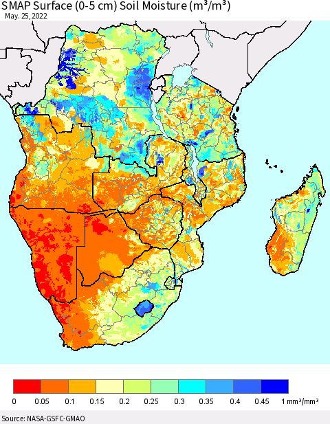 Southern Africa SMAP Surface (0-5 cm) Soil Moisture (m³/m³) Thematic Map For 5/21/2022 - 5/25/2022