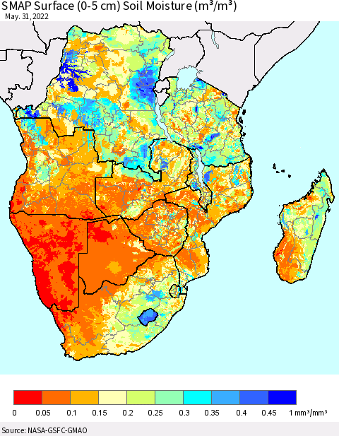 Southern Africa SMAP Surface (0-5 cm) Soil Moisture (m³/m³) Thematic Map For 5/26/2022 - 5/31/2022