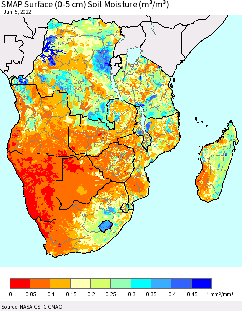 Southern Africa SMAP Surface (0-5 cm) Soil Moisture (m³/m³) Thematic Map For 6/1/2022 - 6/5/2022