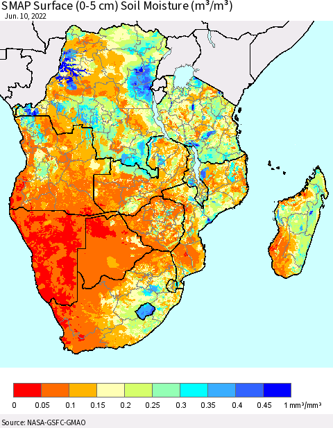 Southern Africa SMAP Surface (0-5 cm) Soil Moisture (m³/m³) Thematic Map For 6/6/2022 - 6/10/2022
