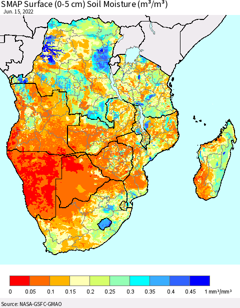 Southern Africa SMAP Surface (0-5 cm) Soil Moisture (m³/m³) Thematic Map For 6/11/2022 - 6/15/2022