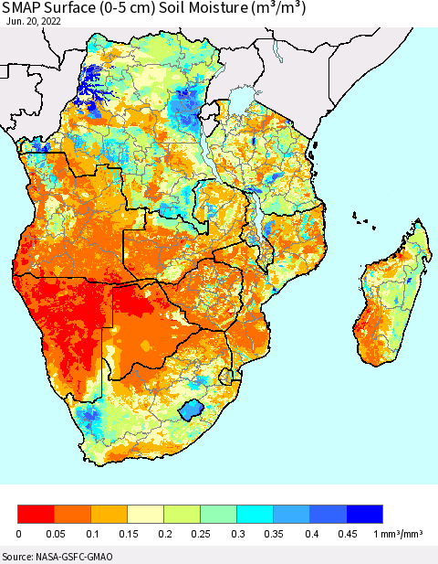 Southern Africa SMAP Surface (0-5 cm) Soil Moisture (m³/m³) Thematic Map For 6/16/2022 - 6/20/2022