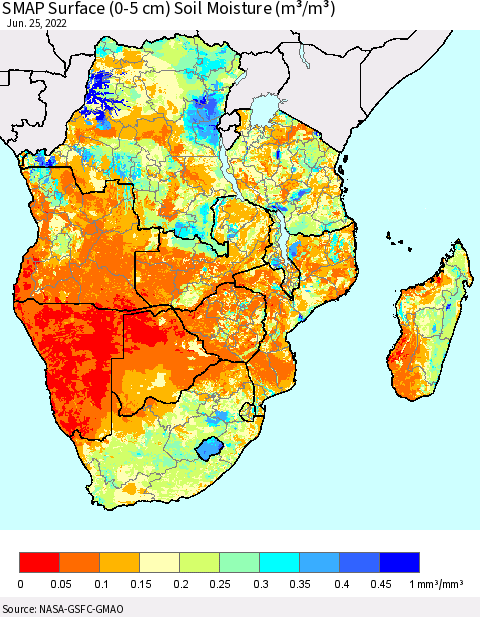 Southern Africa SMAP Surface (0-5 cm) Soil Moisture (m³/m³) Thematic Map For 6/21/2022 - 6/25/2022