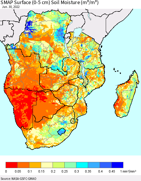 Southern Africa SMAP Surface (0-5 cm) Soil Moisture (m³/m³) Thematic Map For 6/26/2022 - 6/30/2022
