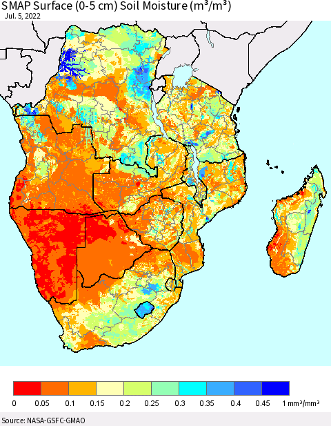 Southern Africa SMAP Surface (0-5 cm) Soil Moisture (m³/m³) Thematic Map For 7/1/2022 - 7/5/2022
