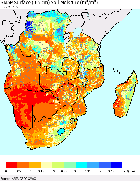Southern Africa SMAP Surface (0-5 cm) Soil Moisture (m³/m³) Thematic Map For 7/21/2022 - 7/25/2022