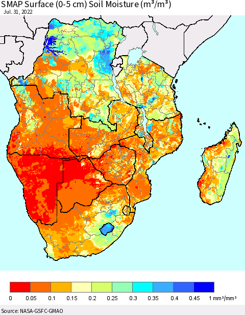 Southern Africa SMAP Surface (0-5 cm) Soil Moisture (m³/m³) Thematic Map For 7/26/2022 - 7/31/2022