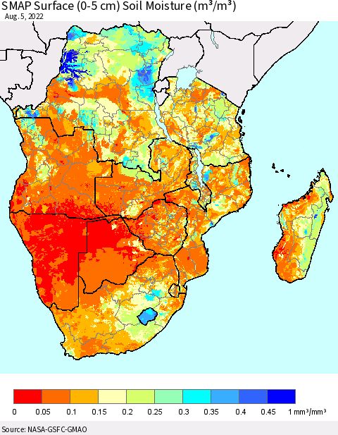 Southern Africa SMAP Surface (0-5 cm) Soil Moisture (m³/m³) Thematic Map For 8/1/2022 - 8/5/2022