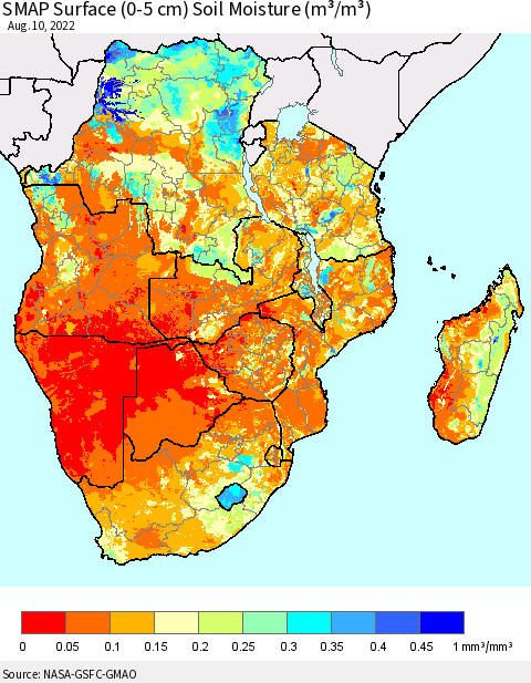 Southern Africa SMAP Surface (0-5 cm) Soil Moisture (m³/m³) Thematic Map For 8/6/2022 - 8/10/2022