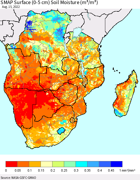 Southern Africa SMAP Surface (0-5 cm) Soil Moisture (m³/m³) Thematic Map For 8/11/2022 - 8/15/2022