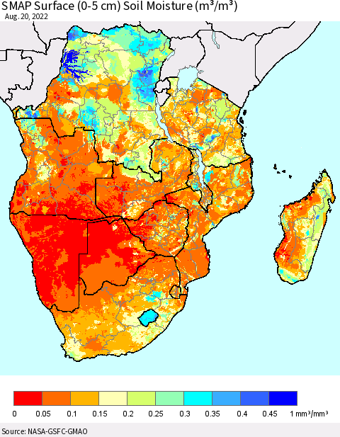 Southern Africa SMAP Surface (0-5 cm) Soil Moisture (m³/m³) Thematic Map For 8/16/2022 - 8/20/2022