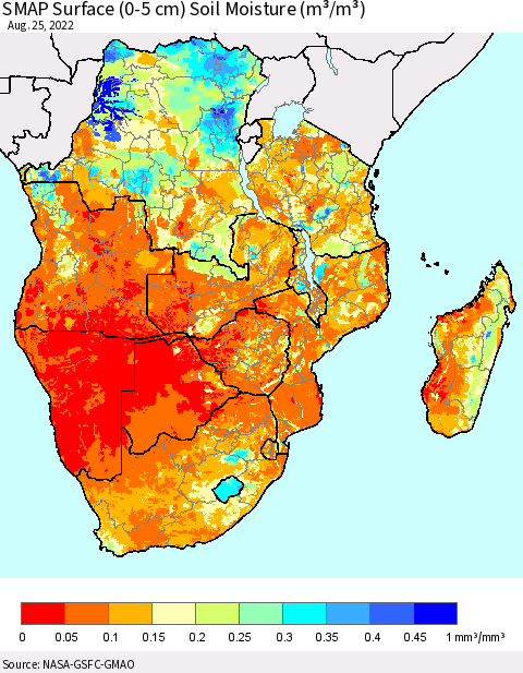 Southern Africa SMAP Surface (0-5 cm) Soil Moisture (m³/m³) Thematic Map For 8/21/2022 - 8/25/2022