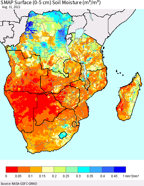 Southern Africa SMAP Surface (0-5 cm) Soil Moisture (m³/m³) Thematic Map For 8/26/2022 - 8/31/2022