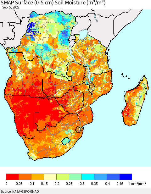 Southern Africa SMAP Surface (0-5 cm) Soil Moisture (m³/m³) Thematic Map For 9/1/2022 - 9/5/2022