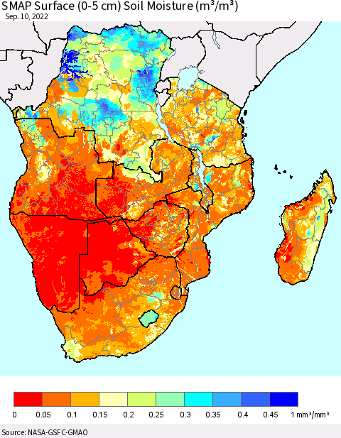 Southern Africa SMAP Surface (0-5 cm) Soil Moisture (m³/m³) Thematic Map For 9/6/2022 - 9/10/2022
