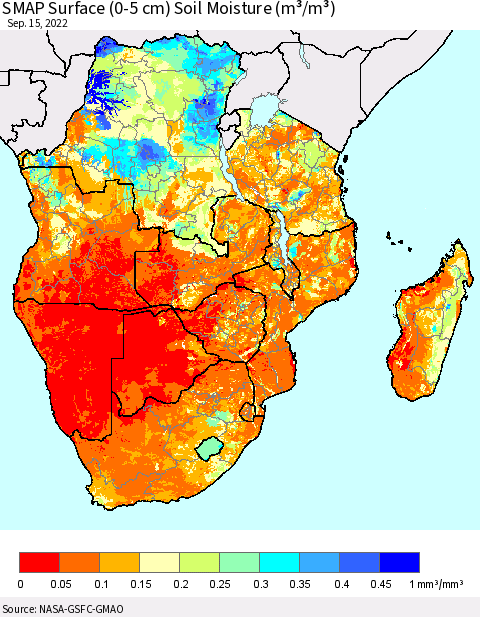 Southern Africa SMAP Surface (0-5 cm) Soil Moisture (m³/m³) Thematic Map For 9/11/2022 - 9/15/2022