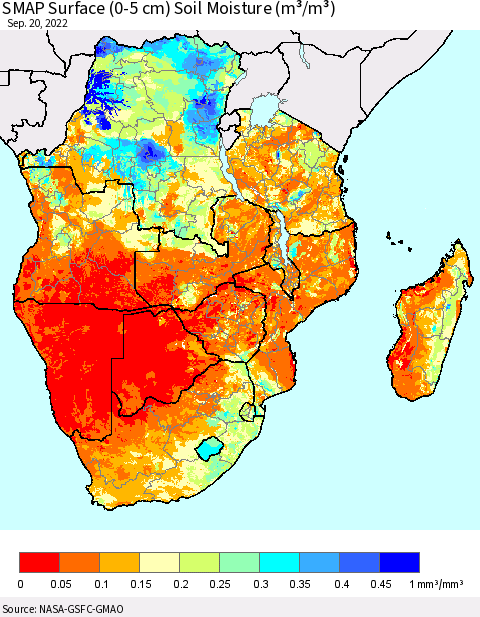 Southern Africa SMAP Surface (0-5 cm) Soil Moisture (m³/m³) Thematic Map For 9/16/2022 - 9/20/2022