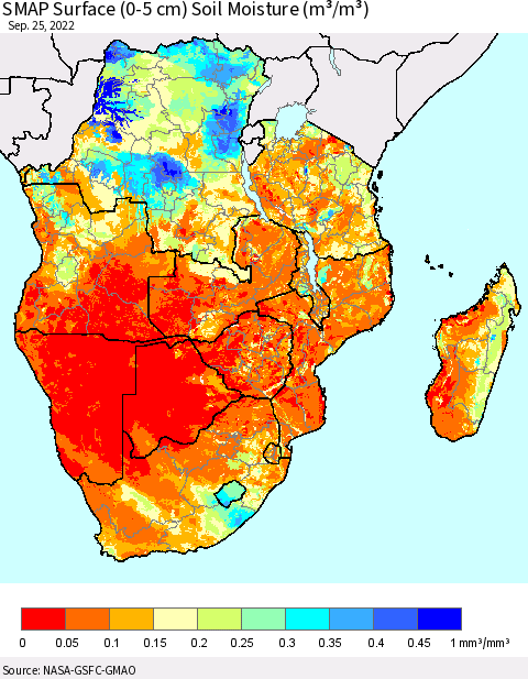 Southern Africa SMAP Surface (0-5 cm) Soil Moisture (m³/m³) Thematic Map For 9/21/2022 - 9/25/2022