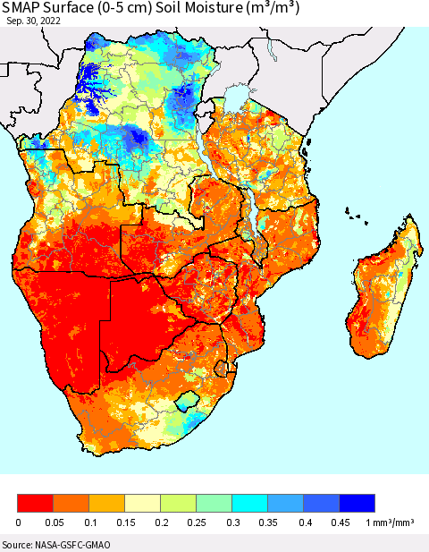 Southern Africa SMAP Surface (0-5 cm) Soil Moisture (m³/m³) Thematic Map For 9/26/2022 - 9/30/2022
