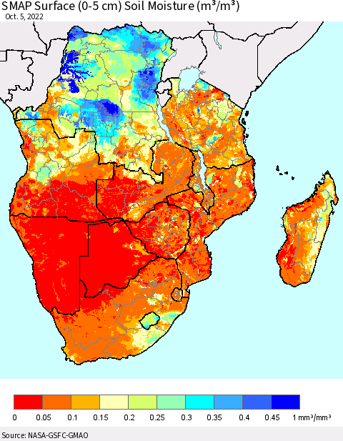 Southern Africa SMAP Surface (0-5 cm) Soil Moisture (m³/m³) Thematic Map For 10/1/2022 - 10/5/2022