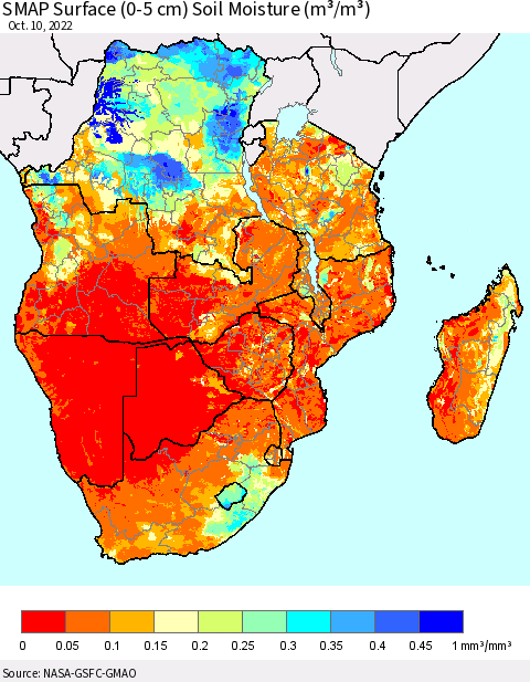 Southern Africa SMAP Surface (0-5 cm) Soil Moisture (m³/m³) Thematic Map For 10/6/2022 - 10/10/2022