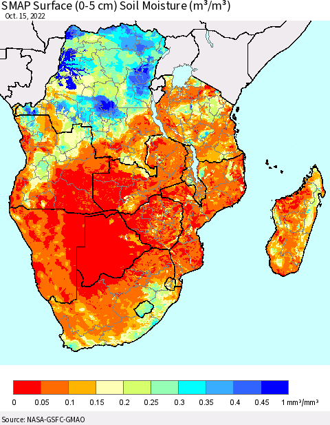 Southern Africa SMAP Surface (0-5 cm) Soil Moisture (m³/m³) Thematic Map For 10/11/2022 - 10/15/2022