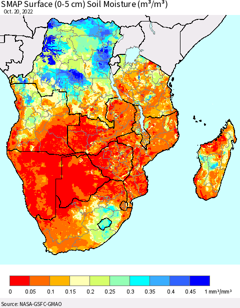 Southern Africa SMAP Surface (0-5 cm) Soil Moisture (m³/m³) Thematic Map For 10/16/2022 - 10/20/2022