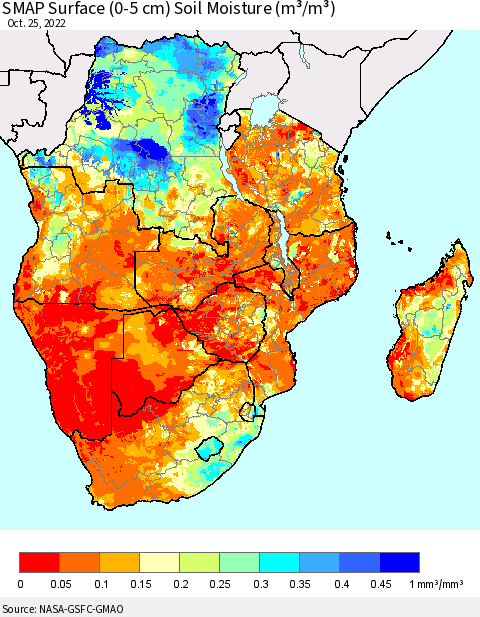 Southern Africa SMAP Surface (0-5 cm) Soil Moisture (m³/m³) Thematic Map For 10/21/2022 - 10/25/2022