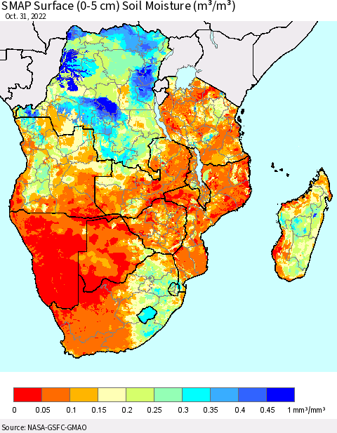 Southern Africa SMAP Surface (0-5 cm) Soil Moisture (m³/m³) Thematic Map For 10/26/2022 - 10/31/2022