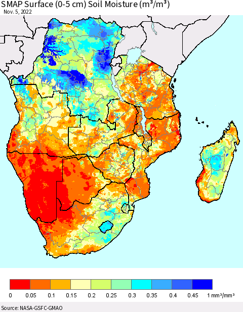 Southern Africa SMAP Surface (0-5 cm) Soil Moisture (m³/m³) Thematic Map For 11/1/2022 - 11/5/2022