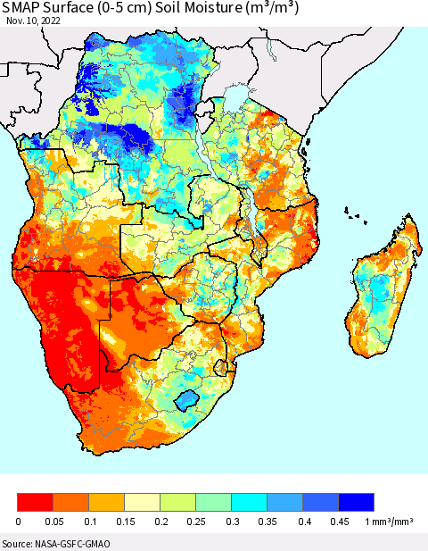 Southern Africa SMAP Surface (0-5 cm) Soil Moisture (m³/m³) Thematic Map For 11/6/2022 - 11/10/2022