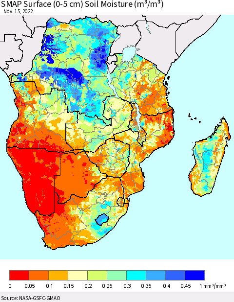 Southern Africa SMAP Surface (0-5 cm) Soil Moisture (m³/m³) Thematic Map For 11/11/2022 - 11/15/2022