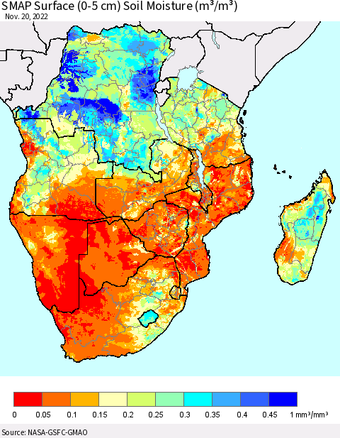 Southern Africa SMAP Surface (0-5 cm) Soil Moisture (m³/m³) Thematic Map For 11/16/2022 - 11/20/2022