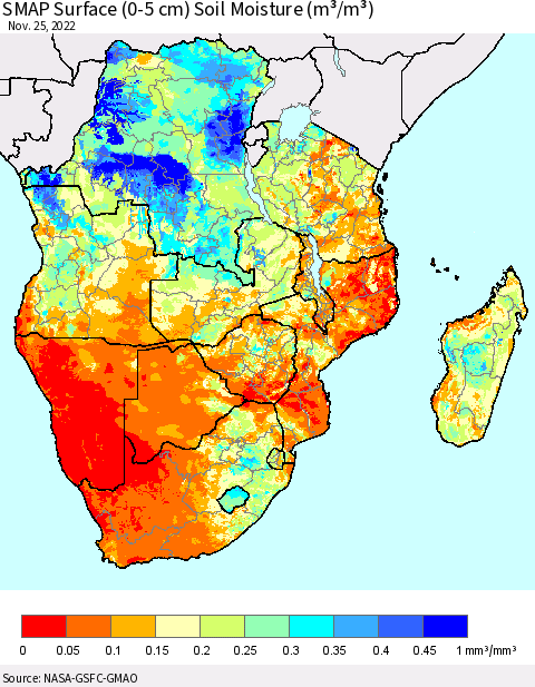 Southern Africa SMAP Surface (0-5 cm) Soil Moisture (m³/m³) Thematic Map For 11/21/2022 - 11/25/2022