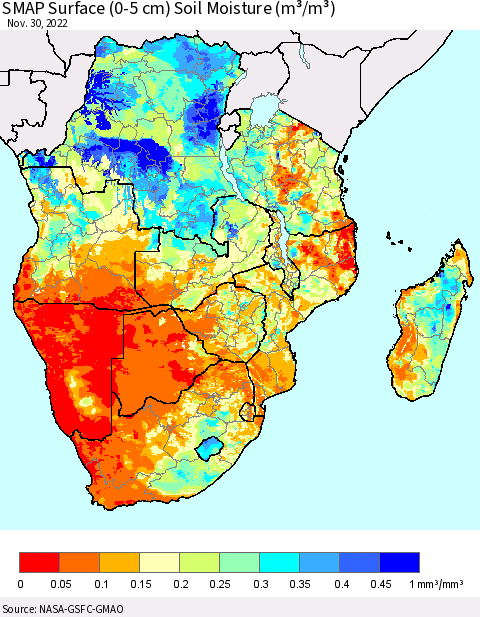 Southern Africa SMAP Surface (0-5 cm) Soil Moisture (m³/m³) Thematic Map For 11/26/2022 - 11/30/2022