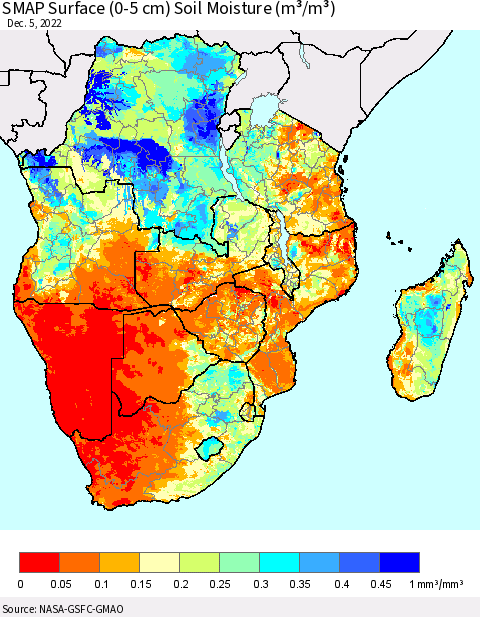 Southern Africa SMAP Surface (0-5 cm) Soil Moisture (m³/m³) Thematic Map For 12/1/2022 - 12/5/2022