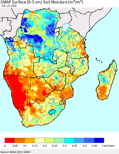 Southern Africa SMAP Surface (0-5 cm) Soil Moisture (m³/m³) Thematic Map For 12/6/2022 - 12/10/2022