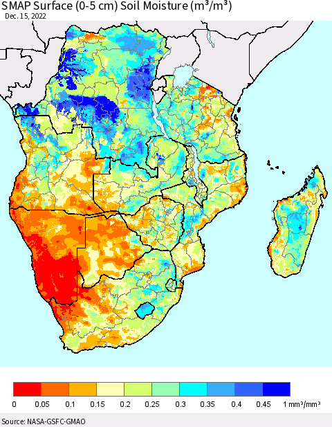 Southern Africa SMAP Surface (0-5 cm) Soil Moisture (m³/m³) Thematic Map For 12/11/2022 - 12/15/2022