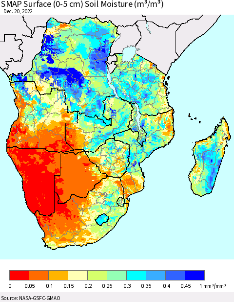 Southern Africa SMAP Surface (0-5 cm) Soil Moisture (m³/m³) Thematic Map For 12/16/2022 - 12/20/2022