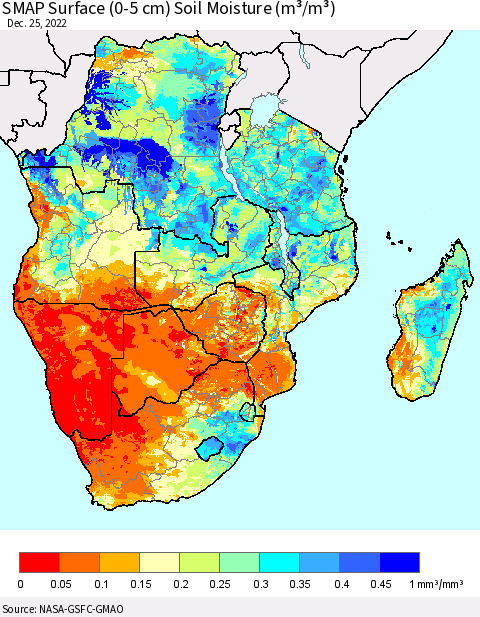 Southern Africa SMAP Surface (0-5 cm) Soil Moisture (m³/m³) Thematic Map For 12/21/2022 - 12/25/2022