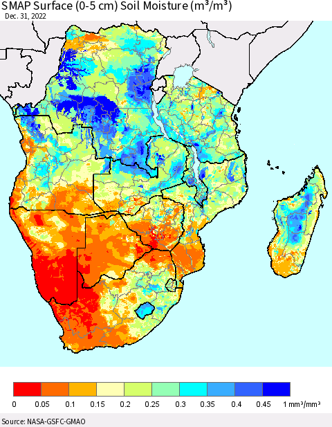 Southern Africa SMAP Surface (0-5 cm) Soil Moisture (m³/m³) Thematic Map For 12/26/2022 - 12/31/2022