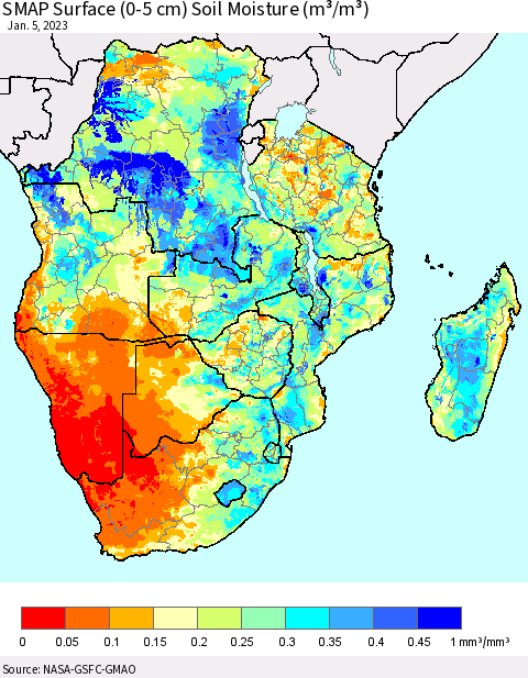 Southern Africa SMAP Surface (0-5 cm) Soil Moisture (m³/m³) Thematic Map For 1/1/2023 - 1/5/2023
