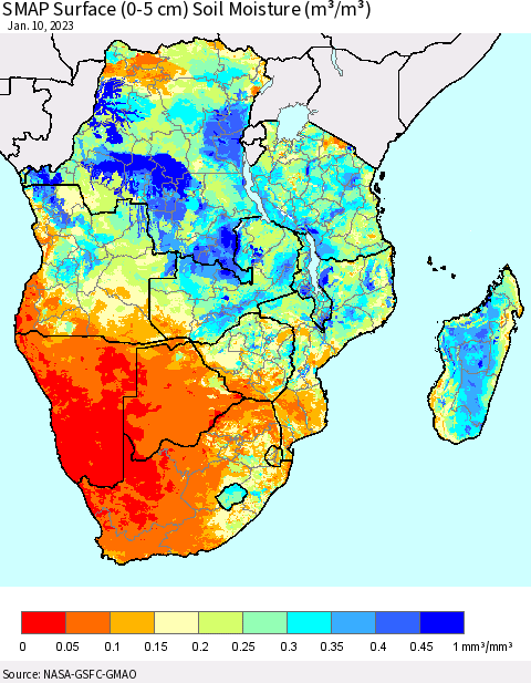 Southern Africa SMAP Surface (0-5 cm) Soil Moisture (m³/m³) Thematic Map For 1/6/2023 - 1/10/2023
