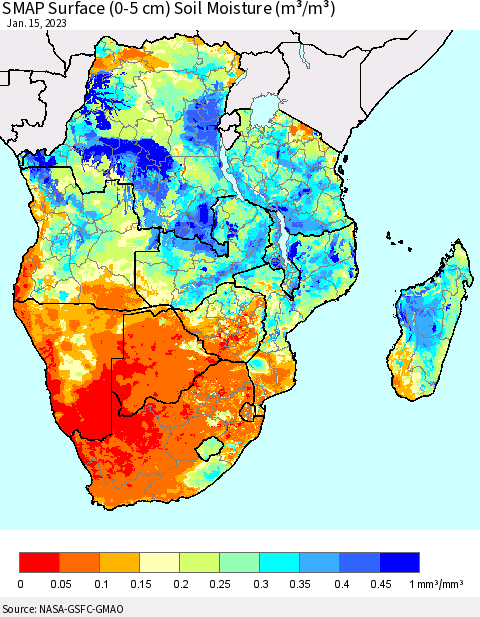 Southern Africa SMAP Surface (0-5 cm) Soil Moisture (m³/m³) Thematic Map For 1/11/2023 - 1/15/2023