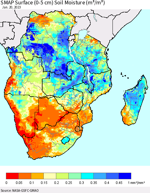 Southern Africa SMAP Surface (0-5 cm) Soil Moisture (m³/m³) Thematic Map For 1/16/2023 - 1/20/2023