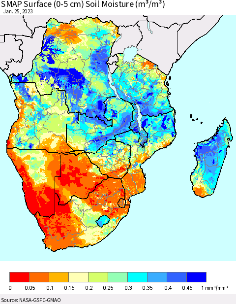 Southern Africa SMAP Surface (0-5 cm) Soil Moisture (m³/m³) Thematic Map For 1/21/2023 - 1/25/2023