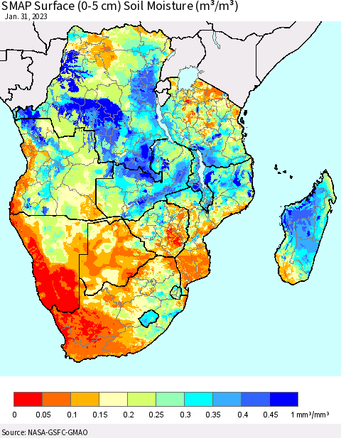 Southern Africa SMAP Surface (0-5 cm) Soil Moisture (m³/m³) Thematic Map For 1/26/2023 - 1/31/2023